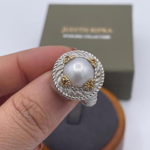 Judith Ripka Freshwater Pearl Citrine Ring 925 Sterling Silver Cable Band Size 8 - Picture 2 of 11